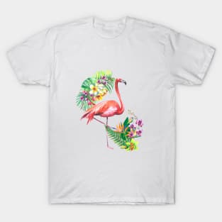 Pink Flamingo and Tropical Flowers Watercolor Art T-Shirt